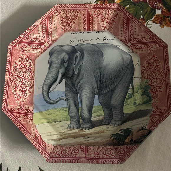 John Derian Signed Safari Octagonal Elephant Plate with Red Border